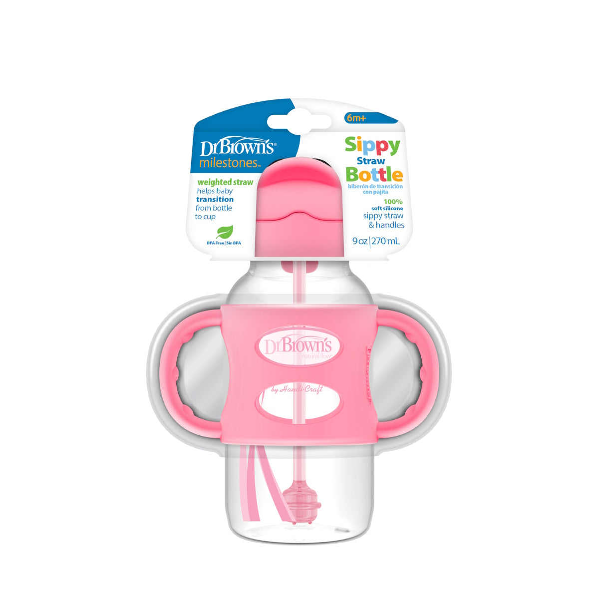 Dr Brown's PP WideNeck Sippy Straw Bottle 9oz w/ Handles - Pink