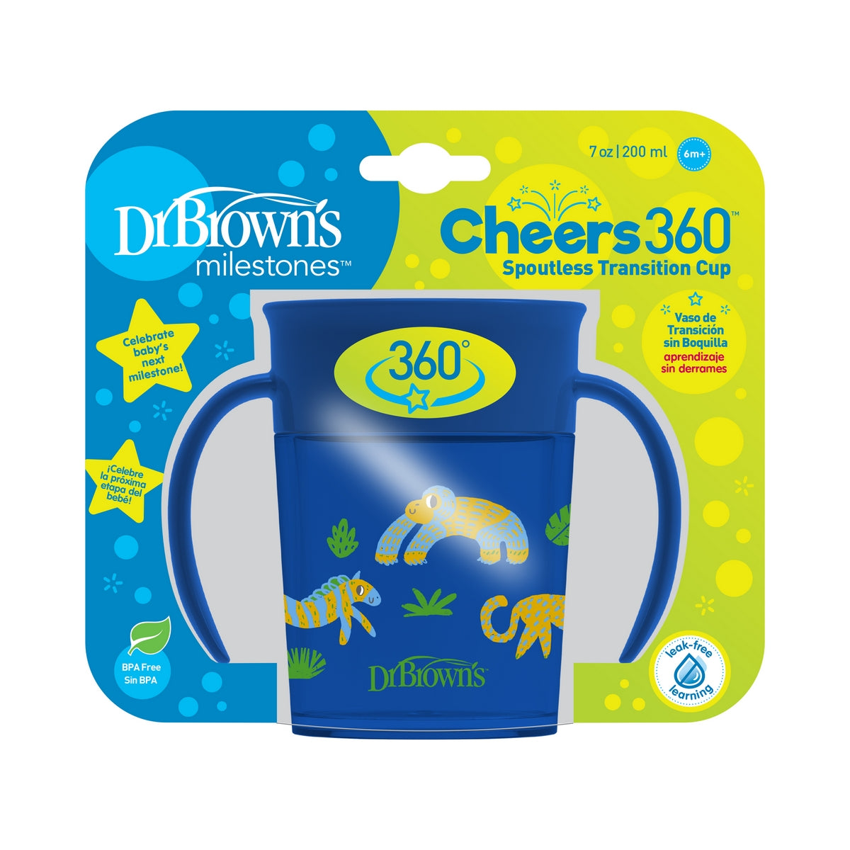 Dr Brown's Cheers 360 Jungle Fun Cup w/ Lid & Handles 7oz - Blue