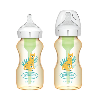 Options+ Imitation Breast Milk Degassing Bottles - Leopard Print (2 Stage Bottles) - PPSU 9oz Pack of Two